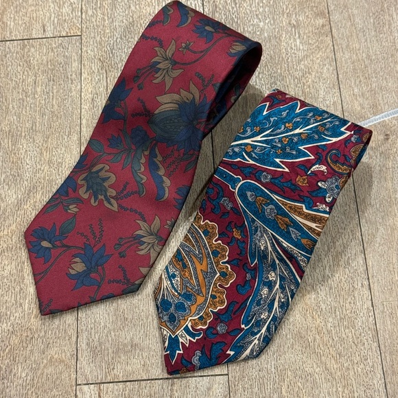 Lot of 2 Strathmore Necktie Flower Burgundy Multi Color Italian Silk Mens - Picture 1 of 8